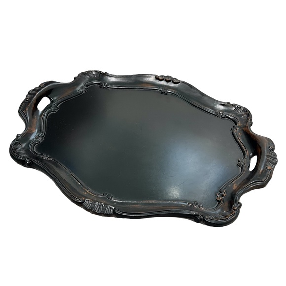 VINTAGE ITALIAN BROWN WOOD HANDLED TRAY WITH ACANTHUS LEAF & SCROLL DECORATION - Picture 2 of 15